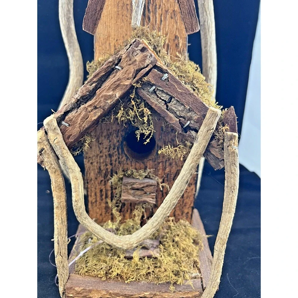Vintage Rustic Primitive Natural Wood &Decorative Bird House Church Moss‎